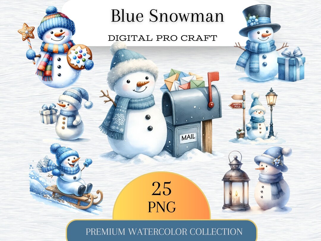 Watercolor Blue Snowman Collection Clipart, 25 PNG Festive Snowman ...
