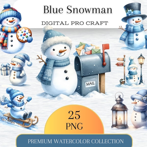 Watercolor Blue Snowman Collection Clipart, 25 PNG Festive Snowman Clipart, Blue Christmas, Cute Snowman Clipart, Commercial Use