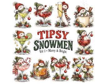 Tipsy Snowmen Clipart Bundle | Funny Christmas Cocktails PNG | Festive Winter Holiday Graphics | Hot Cocoa & Martini Snowman Digital Art