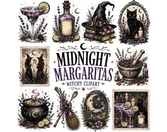 Midnight Margaritas Witchy Clipart Bundle | Gothic Halloween PNG, Dark Academia Graphics, Practical Magic Aesthetic, Black Cat & Cauldron