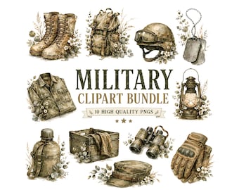 Military Clipart Bundle | Camouflage Gear PNG, Army Watercolor Graphics, Tactical Equipment Illustrations for Scrapbooking, 10 PNG Files