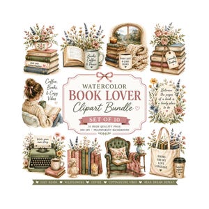 K&ouml;nnte beinhalten: Eine digitale Sammlung von zehn Aquarellillustrationen mit B&uuml;chern, Kaffeetassen, Blumen, einer Schreibmaschine, einem gem&uuml;tlichen Sessel und einer Tragetasche mit dem Text "BOOKS ARE MY LOVE LANGUAGE", zentriert um einen "WATERCOLOR BOOK LOVER Clipart Bundle" Titel.