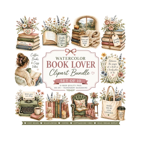 Watercolor Book Lover Clipart Bundle | Cozy Reading PNG Bookish Graphics | Cottagecore Bookworm Clipart for Junk Journals & Stickers