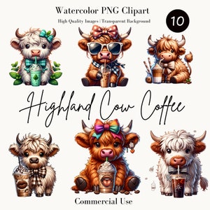 Highland Cow koffie clipart – schattige koe aquarel png, koffieliefhebber digitale download, boerderijdieren clipart, commercieel gebruik, koffie clipart