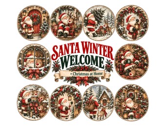 Vintage Santa Clipart Bundle | 10 Round Christmas Graphics | Reindeer & Winter Scenes | Holiday Sublimation PNG | Nostalgic Junk Journal