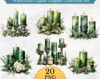 Christmas Candles Watercolor Clipart, Christmas Green decoration Clipart PNG, Ornament png Clipart, Paper craft - Junk Journal, Scrapbooking