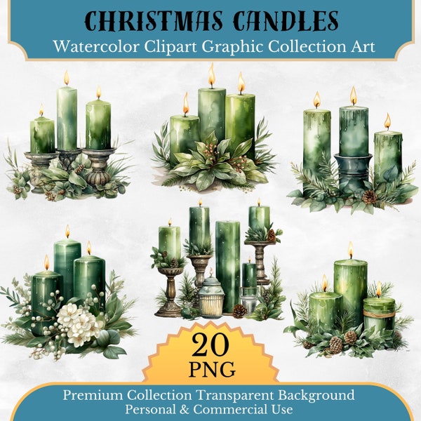Christmas Candles Watercolor Clipart, Christmas Green decoration Clipart PNG, Ornament png Clipart, Paper craft - Junk Journal, Scrapbooking