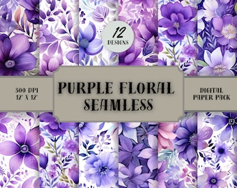 Purple Floral Digital Paper - SEAMLESS - Purple Watercolor Flower Patterns - 12 Designs - 12x12in - Commercial Use - Floral Sublimation