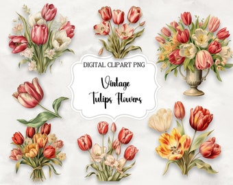 Set of 14 Vintage Tulips Digital Clipart Bundle -Vector Illustrations, Printable Graphics, Instant Download, Commercial Use,Paper Craft