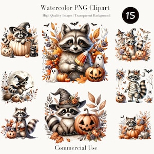 Bundle de cliparts Halloween raton laveur aquarelle – mignons ratons laveurs avec des citrouilles et des fantômes, téléchargement numérique, PNG transparent, 15 images