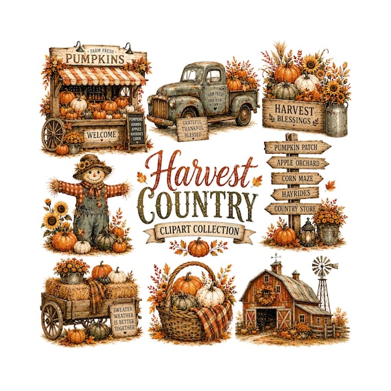Harvest Country Clipart Bundle, Rustic Fall PNG, Vintage Farm Truck, Pumpkin Patch Graphics, Autumn Farmhouse Watercolor, Scrapbook Clipart