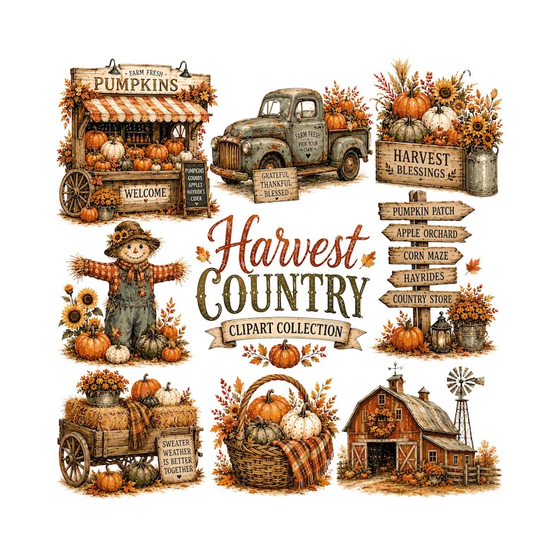 Puede incluir: Una colecci&oacute;n de im&aacute;genes predise&ntilde;adas Harvest Country que incluye un puesto de calabazas, un cami&oacute;n antiguo, un poste de se&ntilde;alizaci&oacute;n de madera, un espantap&aacute;jaros, un carro de heno, una cesta de calabazas y un granero. El texto dice Harvest Country Clipart Collection, Farm Fresh Pumpkins, Welcome, Grateful Thankful Blessed, Harvest Blessings, Pumpkin Patch, Apple Orchard, Corn Maze, Hayrides, Country Store y Sweater Weather Is Better Together.