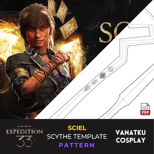 Może przedstawiać: Cyfrowy szablon kosy do cosplayu, przedstawiający kobietę z zdecydowanym wyrazem twarzy. Obraz zawiera tekst "SCIELL SCYTHE TEMPLATE PATTERN" i "VANATKU COSPLAY". Tło ma złoty blask.