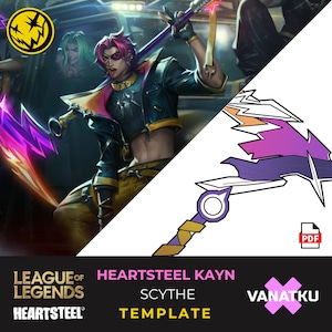 Może przedstawiać: Cyfrowa ilustracja fioletowego i pomarańczowego kosy z białym obrysem. Kosa pochodzi z gry League of Legends i jest częścią skórki Heartsteel Kayn. Tekst "Heartsteel Kayn Scythe Template" znajduje się na dole obrazu.