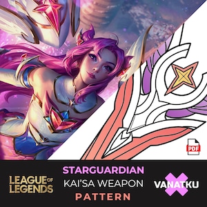 Könnte beinhalten: Ein druckbares Muster für eine Star Guardian Kai'Sa Waffe aus League of Legends. Das Muster ist rosa, weiß und hellblau mit einem Sternendesign. Das Muster ist mit "Star Guardian Kai'Sa Weapon Pattern" und "Vanatku" beschriftet.