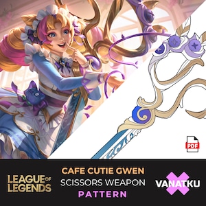 Op de afbeelding: Illustratie van een personage uit League of Legends, "Cafe Cutie Gwen", met een paar sierlijke scharen. Het personage draagt een blauw-witte dienstmeisjesoutfit. De schaar is goud, blauw en paars. De tekst "SCISSORS WEAPON PATTERN" is ook opgenomen.