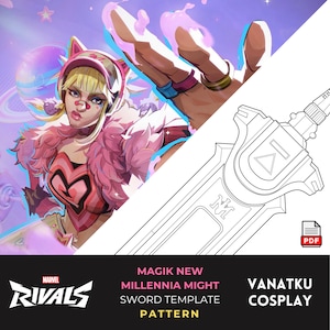 May include: Illustration featuring a character with pink and white attire, a cat-ear headband, and a sword template. The image includes the text "MAGIK NEW MILLENNIA MIGHT SWORD TEMPLATE PATTERN" and "VANATKU COSPLAY".