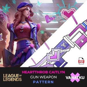 Peut inclure: Un modèle imprimable pour une arme à feu rose et bleue du jeu vidéo League of Legends. Le modèle est intitulé "Heartthrob Caitlyn Gun Weapon Pattern" et est de Vanatku.