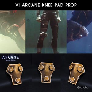 May include: A pair of brown and gold knee pads with three circular accents. The knee pads are from the Arcane League of Legends video game.