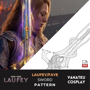 Può includere: Un modello PDF digitale per una spada con una lunga lama avvolta da un design a serpente dorato. La grafica include il testo God of War, Laufey, Sword Pattern e Vanatku Cosplay. Il design mostra un'illustrazione dettagliata a linee.