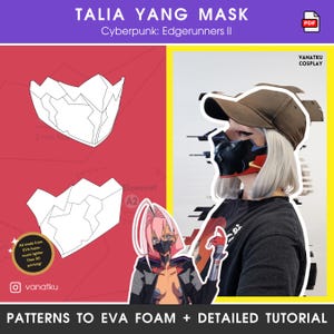May include: A Talia Yang mask pattern for Cyberpunk: Edgerunners II, featuring white line art templates on a red background, a brown baseball cap, and a black, red, and gold face mask worn by a person with white hair and a black t-shirt.