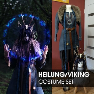 May include: A Viking costume set featuring a dark blue tunic with a fur collar, a matching headdress with antlers and a skull, and a person in costume with glowing blue energy effects. The text "HEILUNG/VIKING COSTUME SET" is displayed.