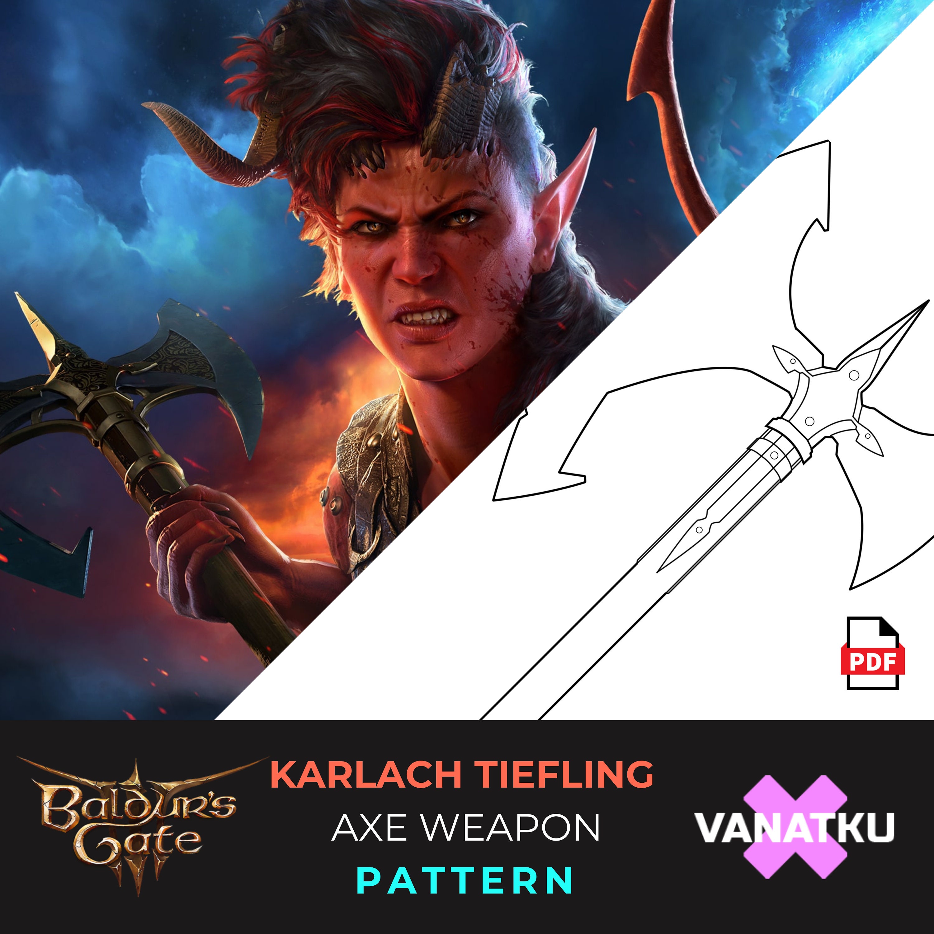 Karlach Cosplay Tiefling Baldurs Gate 3 Ax prop rpg Fantasy Sword Weapon Pattern Template