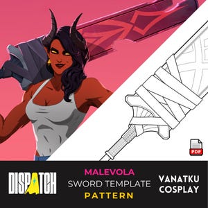 Könnte beinhalten: Illustration eines Charakters mit Hörnern, der ein großes Schwert hält. Der Charakter trägt ein weißes Tanktop. Die Schwertvorlage ist in Schwarzweiß. Der Text auf dem Bild lautet "MALEVOLA SWORD TEMPLATE PATTERN VANATKU COSPLAY".