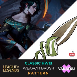 Puede incluir: Un patrón imprimible para un cepillo de arma Classic Hwei de League of Legends. El patrón es en blanco y negro con acentos verdes y marrones. El patrón está etiquetado como "Classic Hwei Weapon Brush Pattern" y "Vanatku".