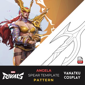 May include: Digital illustration of Angela from Marvel Rivals, a character with red hair and gold armor. The image includes a spear template pattern and the text "Angela Spear Template Pattern Vanatku Cosplay".