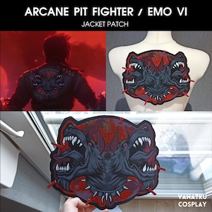 May include: A red, black, and white embroidered patch with three wolf heads with sharp teeth and a spiked collar. The patch is labeled "Arcane Pit Fighter / Emo VI Jacket Patch".