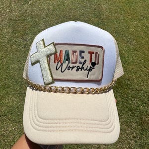 Made to Worship Cross Patch Trucker Hat with Chain, Christian Faith Theme Trucker Hat, Faith Cap