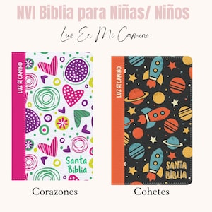 Biblia personalizada NVI Biblia Luz en mi camino corazones y  cohetes, multicolor símil piel, biblia para niños, biblia par