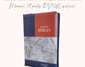 Biblia personalizada, Biblia con Cierre Letra Gigante, Manual, 14 puntos, RV1960 ,imit piel café/azul/mapa con índice