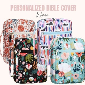 May include: A collection of personalized Bible covers with floral and abstract patterns. The covers feature various colors, including red, black, and blue, and have zippered closures and carrying handles. The text "PERSONALIZED BIBLE COVER Women" is displayed at the top.