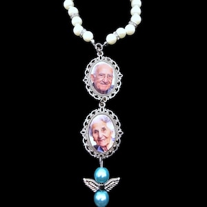 Pearl Bridal Bouquet Charm Bracelet - Oval Photo Charm & Something Blue Memoria Vintagel Gift for Weddings, Pearl Angel Jewelry Accessory