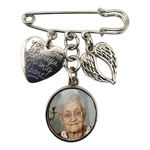 Memorial Photo Brooch Pin: Angel Wing & Heart Charm Remembrance
