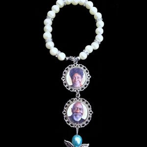 Pearl Bridal Bouquet Charm, Wedding Bouquet Memorial Photo Vintage Charm, Something Blue Pearl Angel Jewelry, Engagement Gift