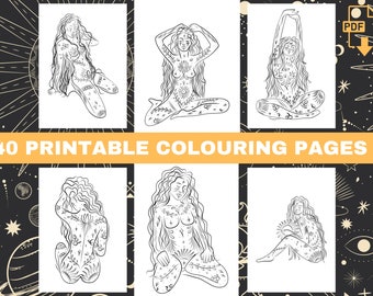 40 Mystic Boho Women Colouring Pages For Adults, Bohemian Spiritual Magic Witch Coloring Book Page for Adult, Instant Download Printable PDF