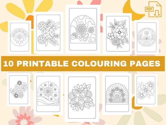 10 Bohemian Flower Simple Colouring Pages For Adults, Boho Minimalist Coloring Book Page for Adult, Instant Download Printable PDF