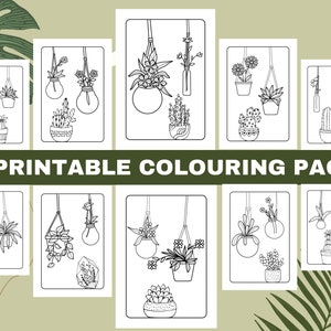 Puede incluir: 25 páginas para colorear imprimibles con ilustraciones en blanco y negro de plantas colgantes en macetas. Las ilustraciones son simples y fáciles de colorear.
