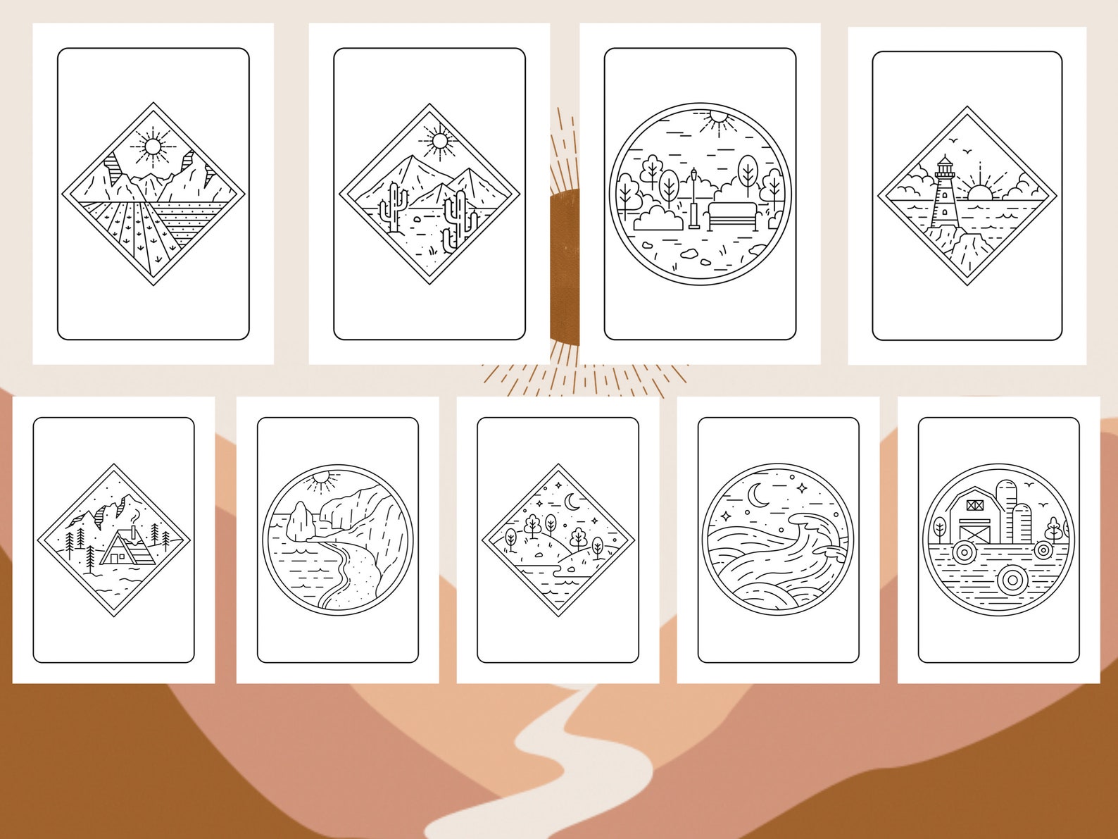 25 Bohemian Landscape Colouring Pages for Adults, Boho Minimalist ...