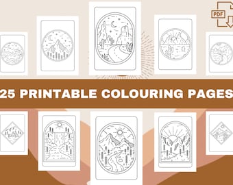 25 Bohemian Landscape Colouring Pages For Adults, Boho Minimalist Coloring Book Page for Adult, Instant Download Printable PDF