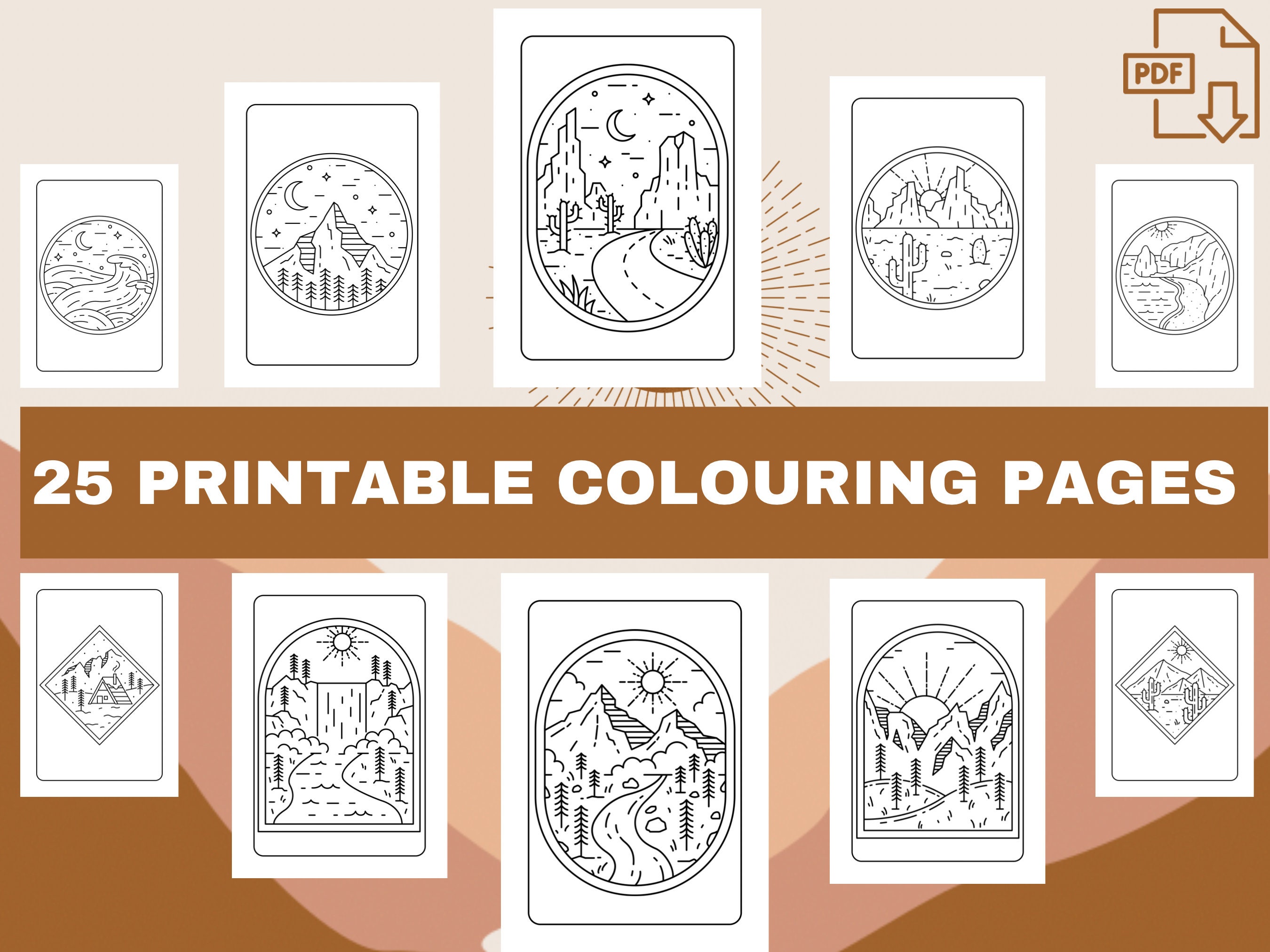 25 Bohemian Landscape Colouring Pages for Adults, Boho Minimalist ...