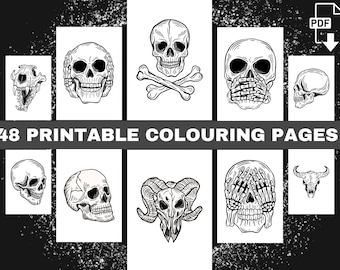48 Skull Minimalist Colouring Pages For Adults, Skeleton Bone Crossbones Simple Coloring Book Page for Adult, Instant Download Printable PDF