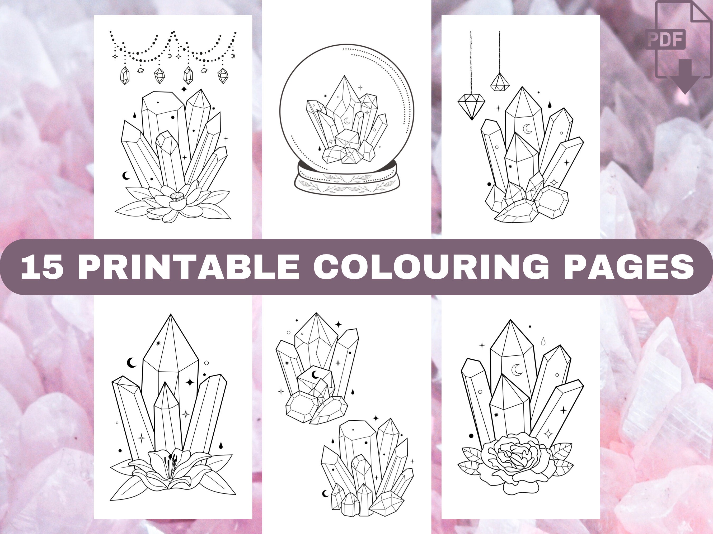 15 láminas de colorear Cristales místicos para adultos – PDF imprimible boho minimalista, descarga instantánea