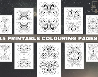 15 Magical Bohemian Butterfly Moth Colouring Pages For Adults, Boho Minimalist Coloring Book Page for Adult, Instant Download Printable PDF