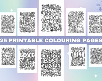 25 Affirmation Card Colouring Pages For Adults, Boho Minimalist Coloring Book Page for Adult, Instant Download Printable PDF