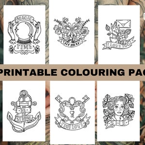 20 Old School Tattoo Simple Colouring Pages for Adults, Boho Skool ...