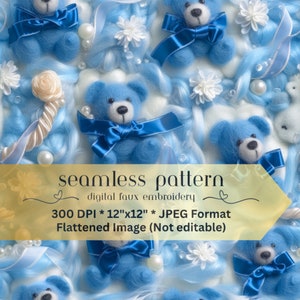 Baby Blue Bears Bows Seamless Pattern, Blue Fabric Sublimation, Blue Baby Bows Digital Paper, Baby Blue Bears Faux Embroidery, Digital File